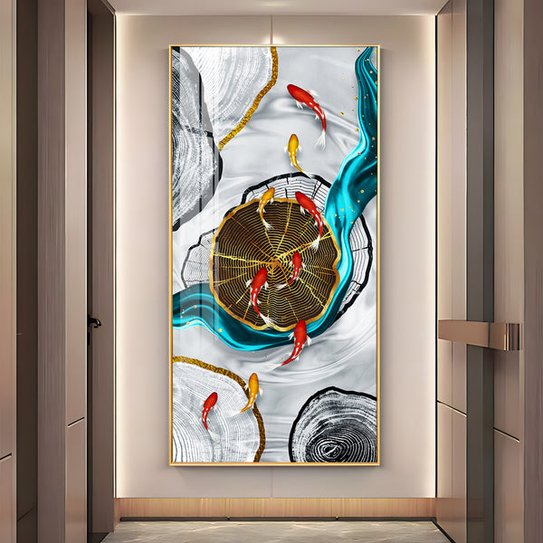 Tranquil Fish Pond Glass Finish Vertical Wall Art