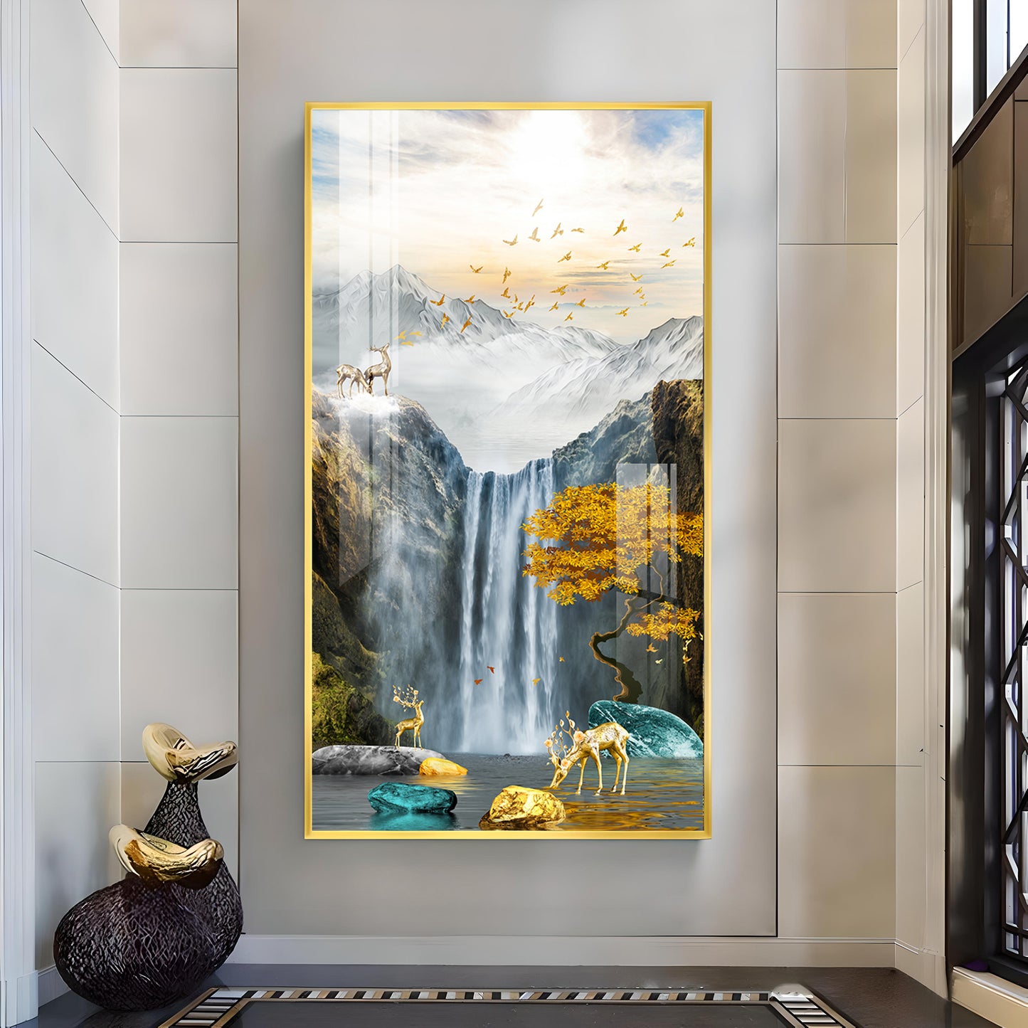 Alpine Gold Reindeer Waterfall Glass Finish Vertical Wall Art