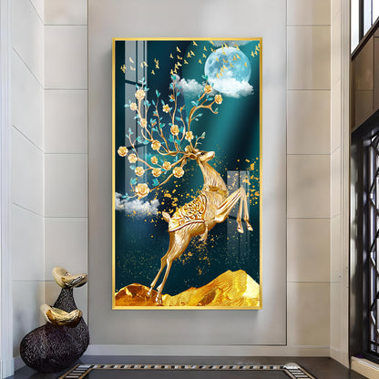 Golden Antlers and Blossoms Glass Finish Vertical Wall Art