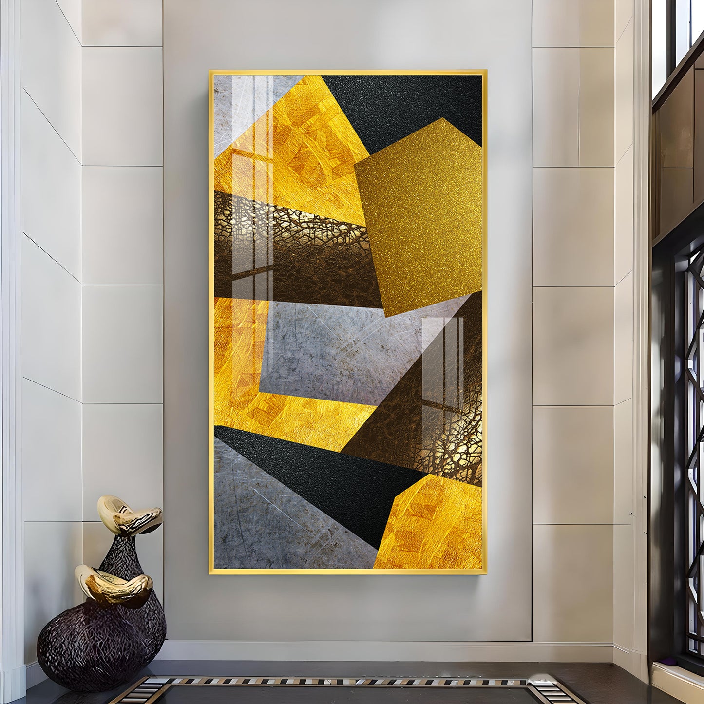 Black and Gold Abstract Vision Glass Finish Vertical Wall Art