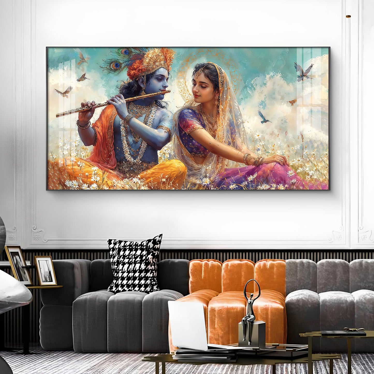 Radhe Krishna Loving Glass Finish Horizontal Wall Art