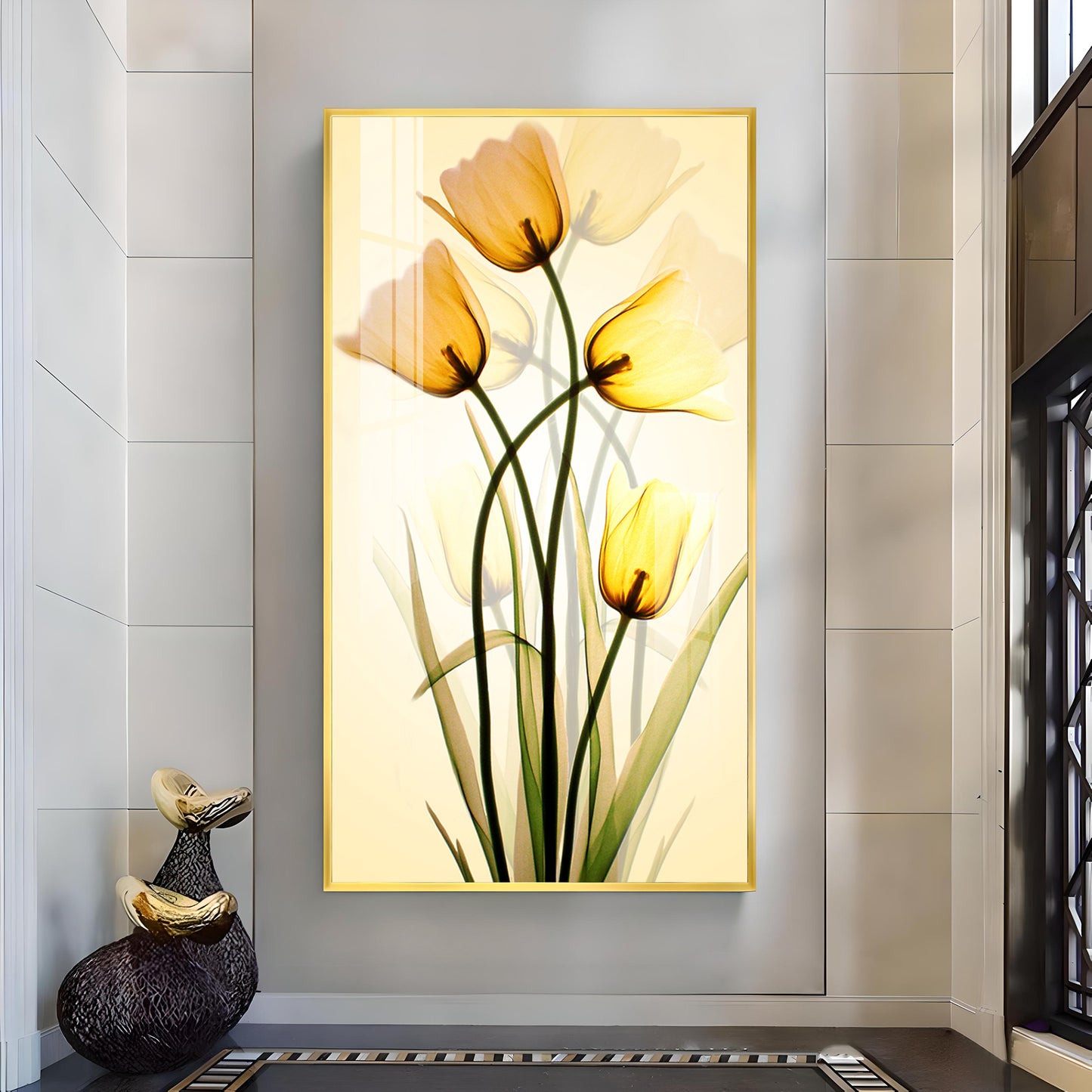 Radiant Yellow Tulips Glass Finish Vertical Wall Art