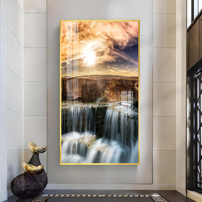 Dusk Over the Falls Glass Finish Vertical Wall Art