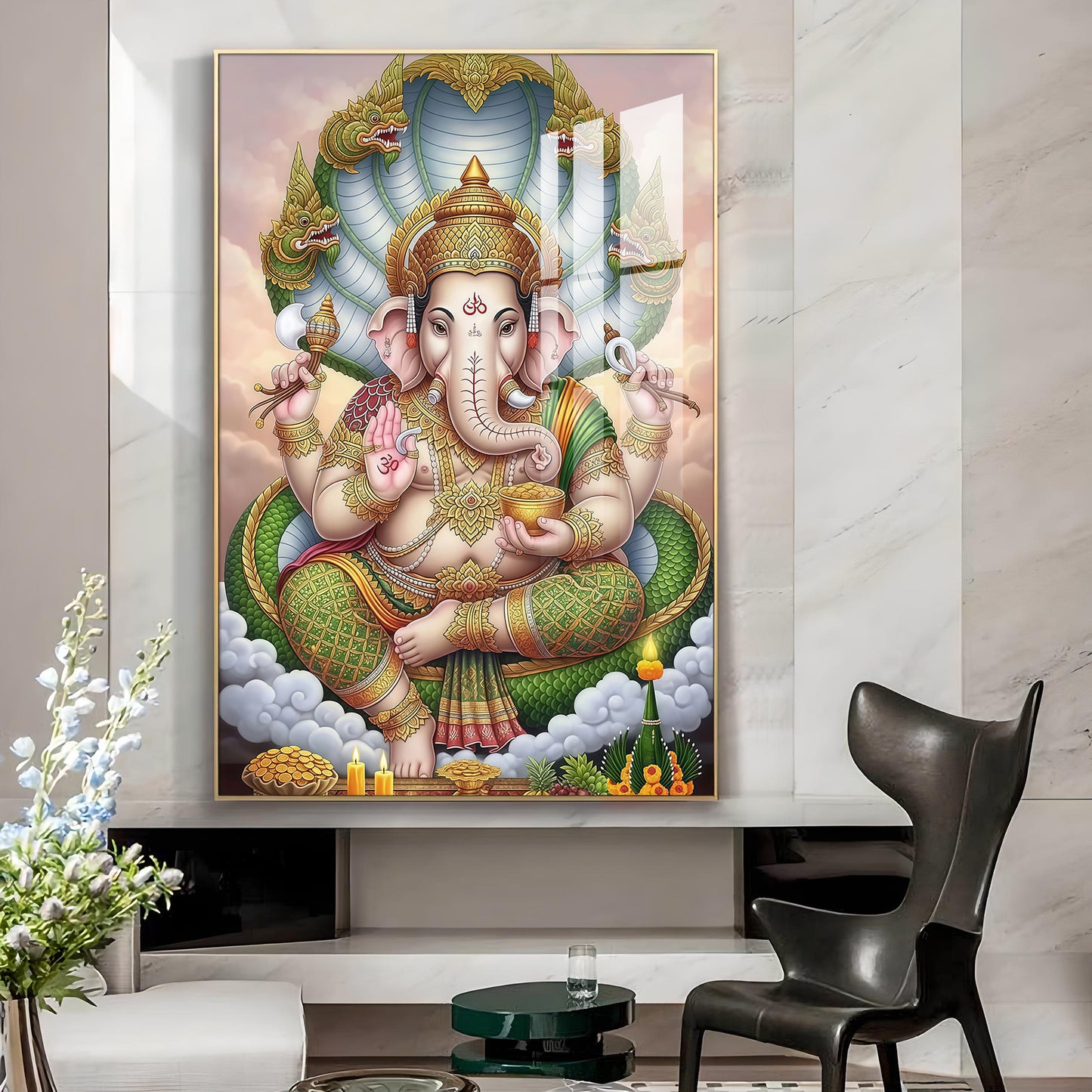 Hindu Lord Ganpati Bappa Glass Finish Vertical Wall Art
