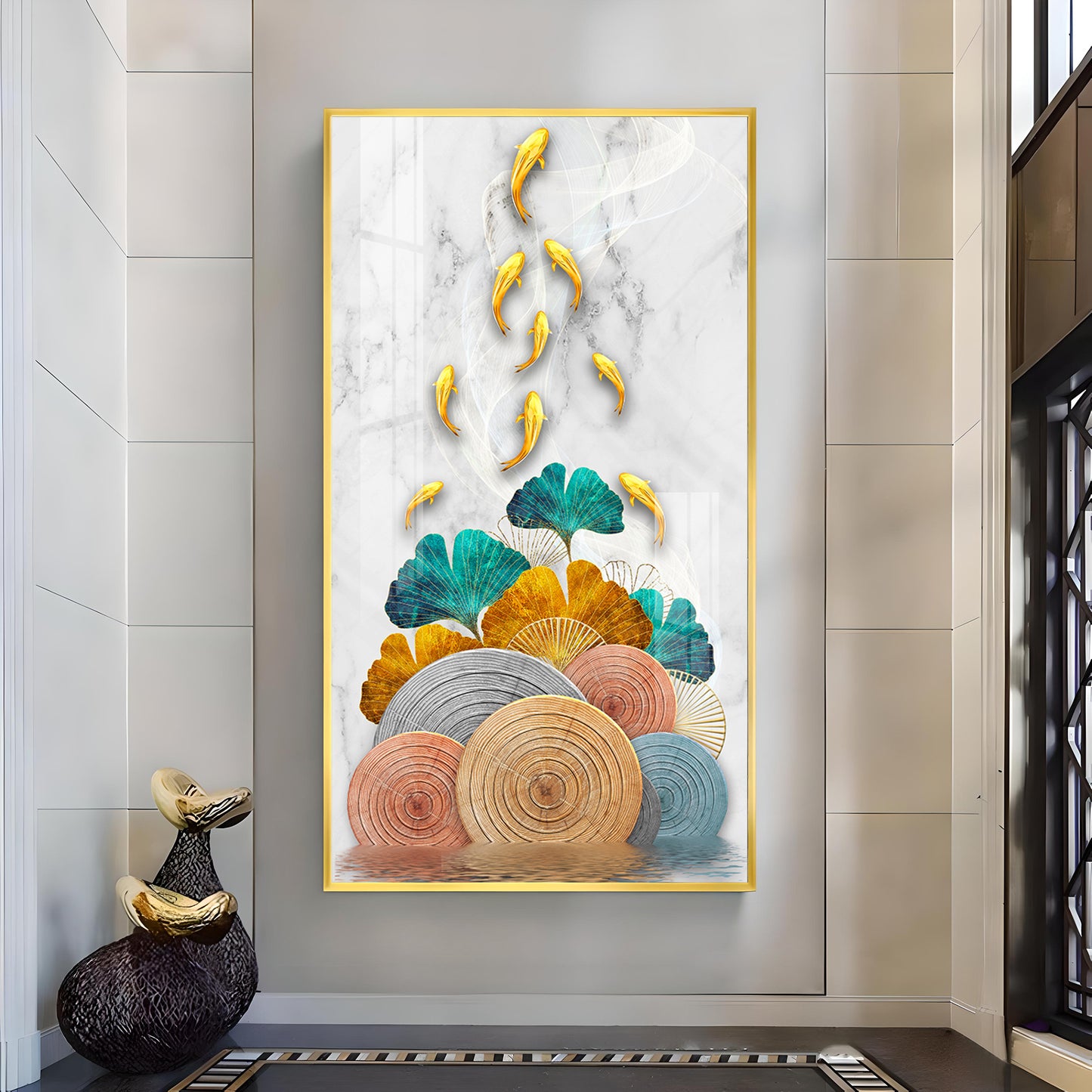 Floral Koi Bliss Artistry Glass Finish Vertical Wall Art