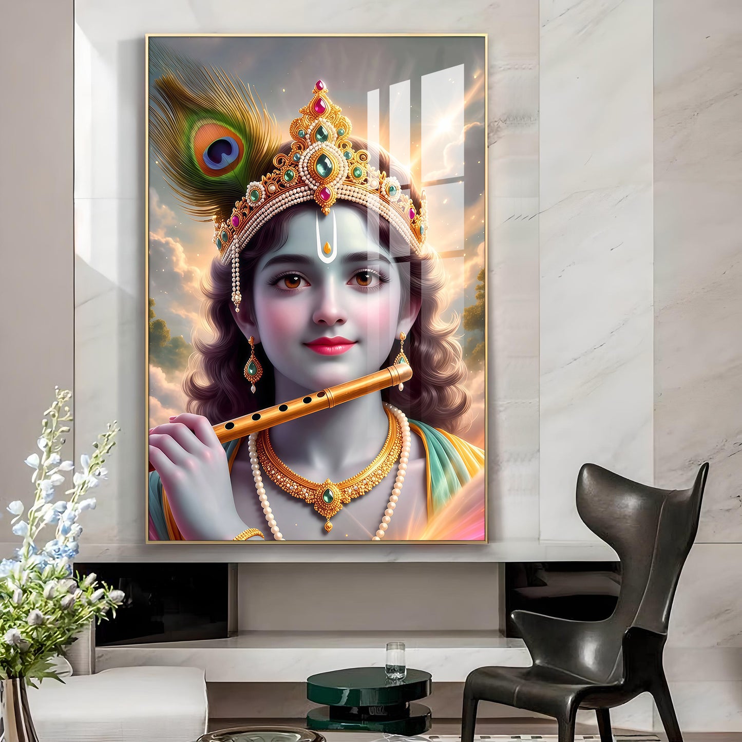 Shri Krishna Ji With Flute Glass Finish Vertical Wall Art