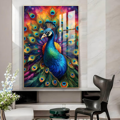 Beautiful Peacock Glass Finish Vertical Wall Art