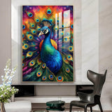 Beautiful Peacock Glass Finish Vertical Wall Art