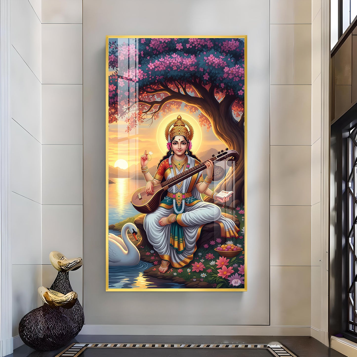Goddess Saraswati Glass Finish Vertical Wall Art