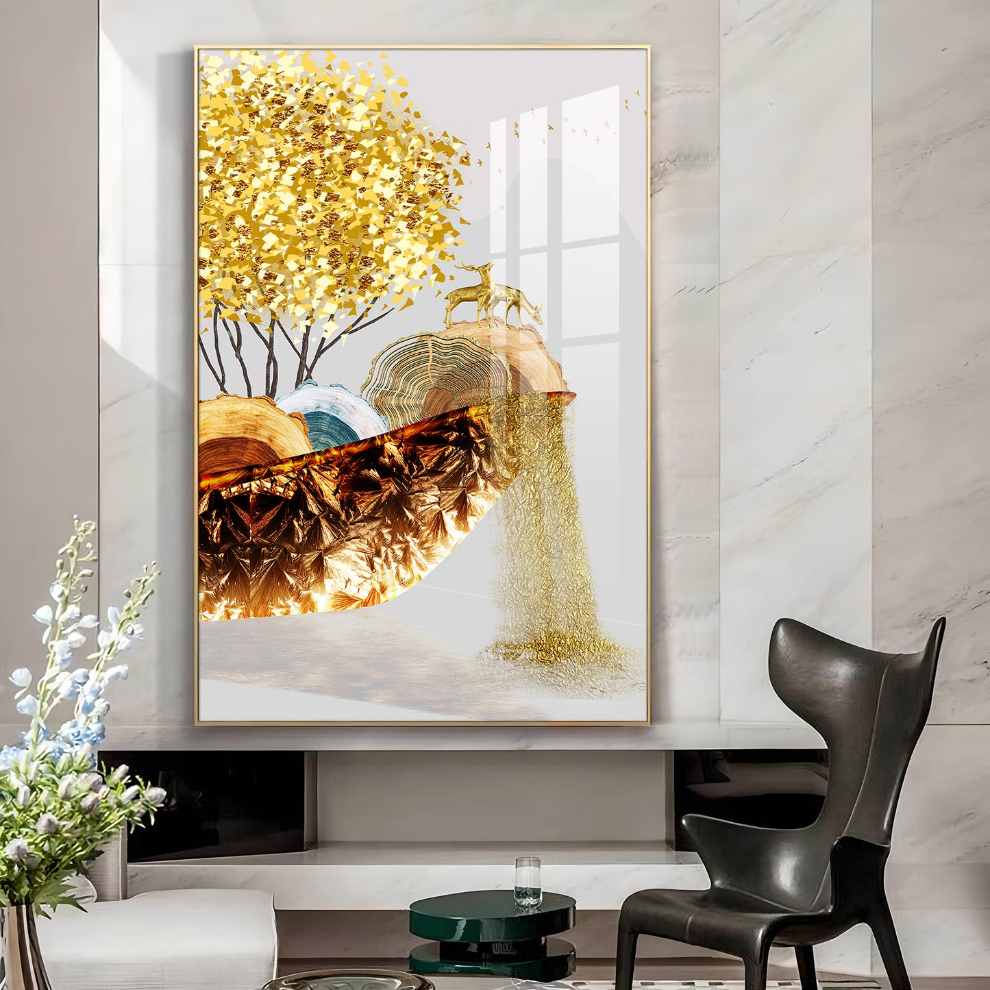 Golden Serenity Glass Finish Vertical Wall Art