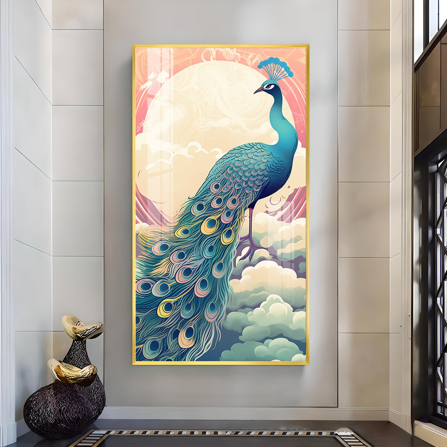 Heavenly Peacock Vista Glass Finish Vertical Wall Art