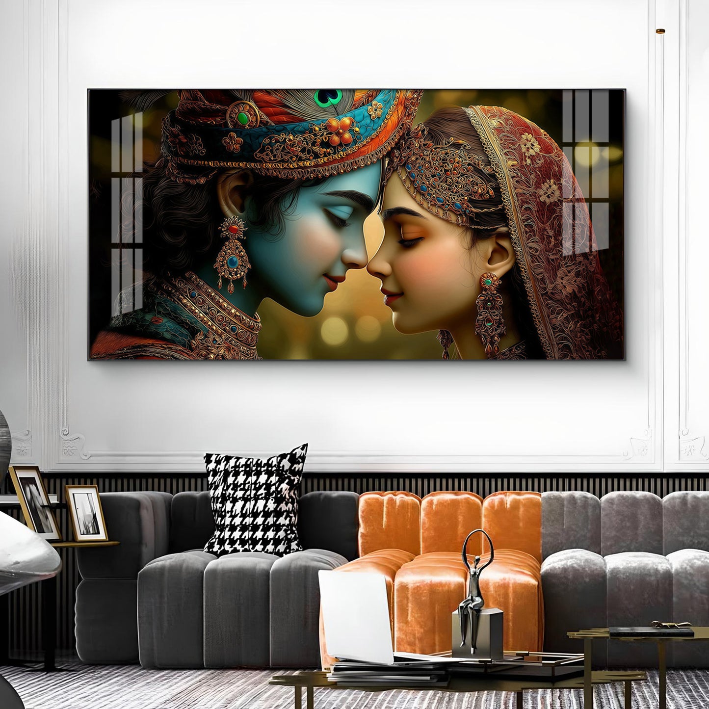 Beauty Couple Radha Krishna Glass Finish Horizontal Wall Art