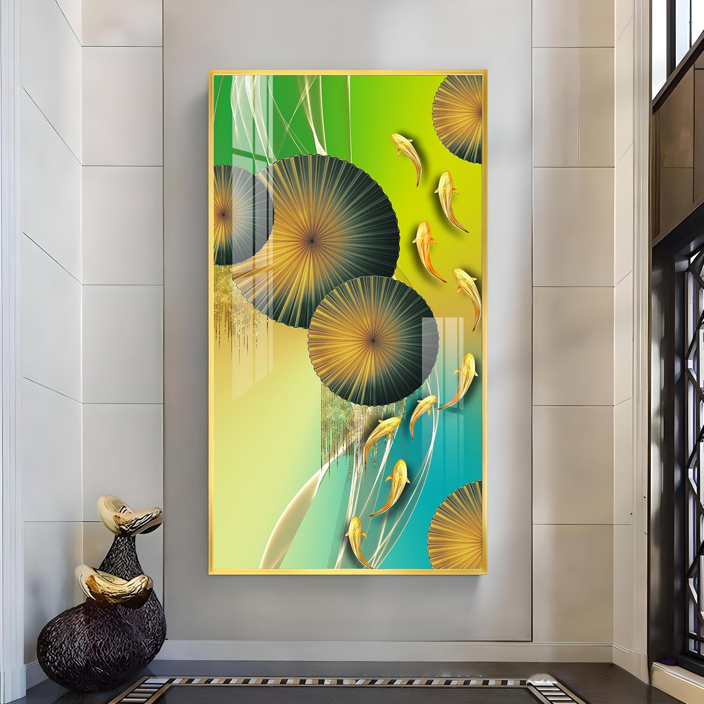 Emerald Oasis Koi Glass Finish Vertical Wall Art