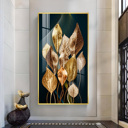 Golden Leafy Luxe Glass Finish Vertical Wall Art