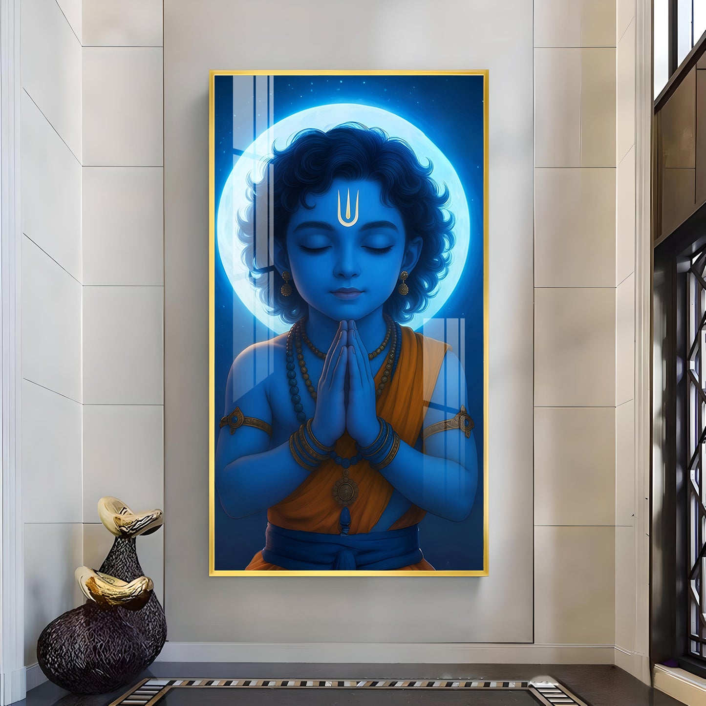 Praying Little krishna Glass Finish vertical Wall Art