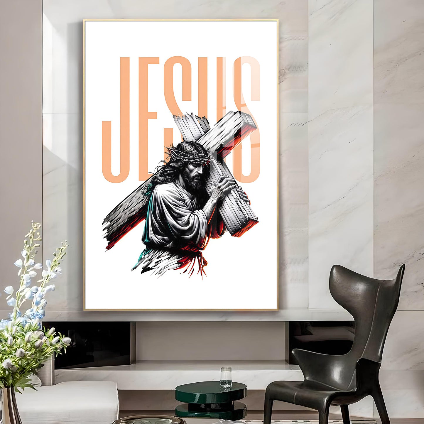Jesus Christ with Cross Glass Finish Vertical Wall Art
