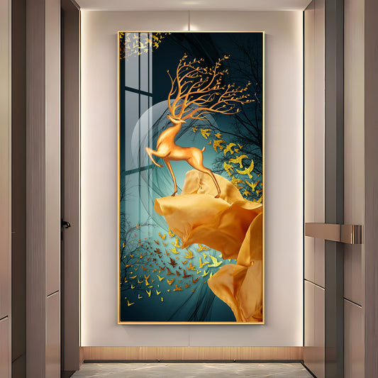 Golden Deer Jumping Glass Finish Vertical Wall Art