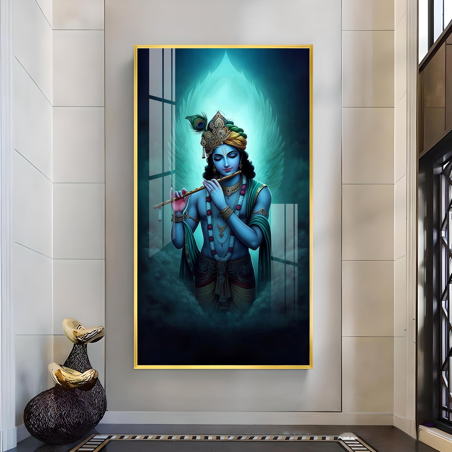 Spiritual Krishna In Vibrant Color Glass Finish Vertical Wall Art