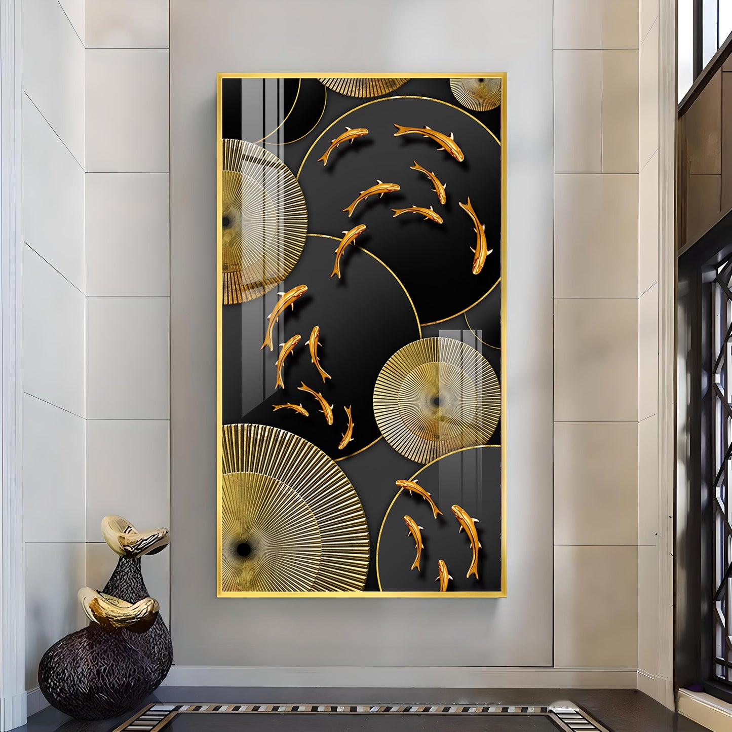 Goldfish Elegance Glass Finish Vertical Wall Art