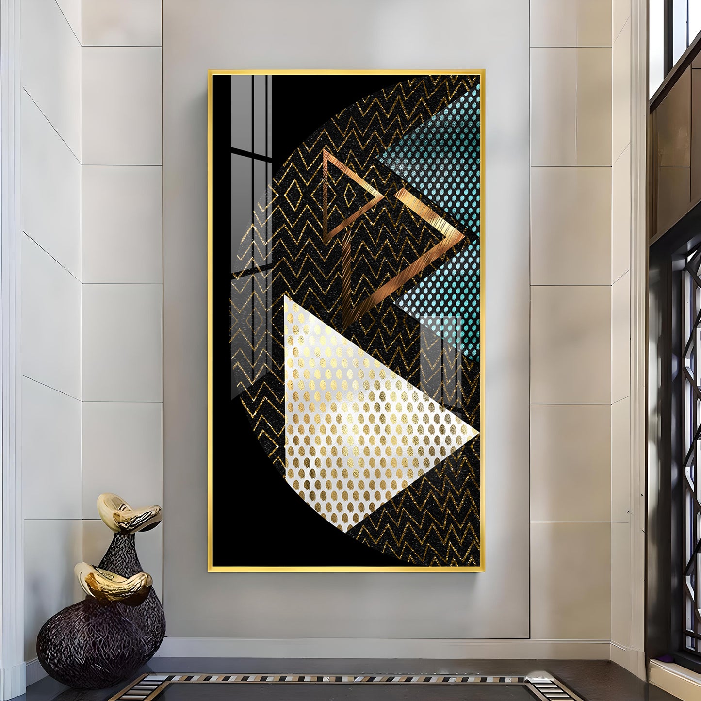 Triangular Opulence Glass Finish Vertical Wall Art