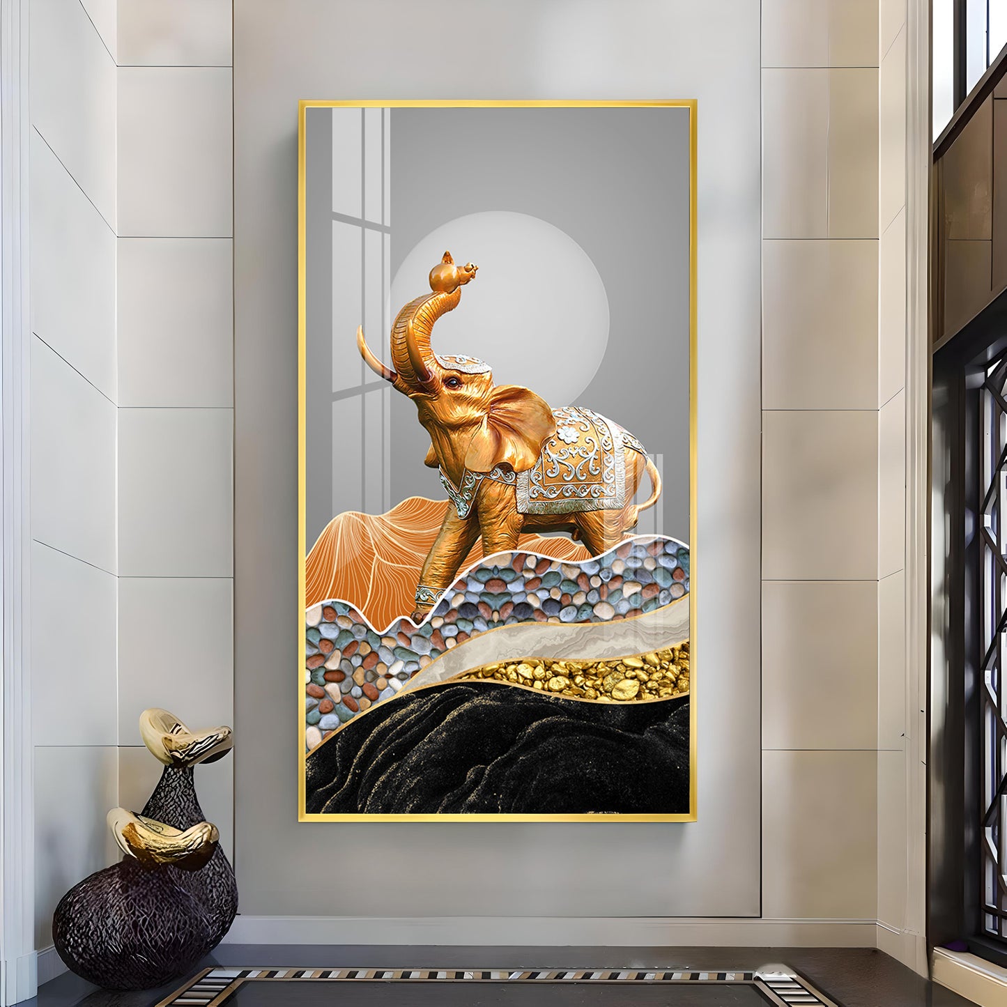 Gold and Silver Elephant Figurine Glass Finish Vertical Wall Art