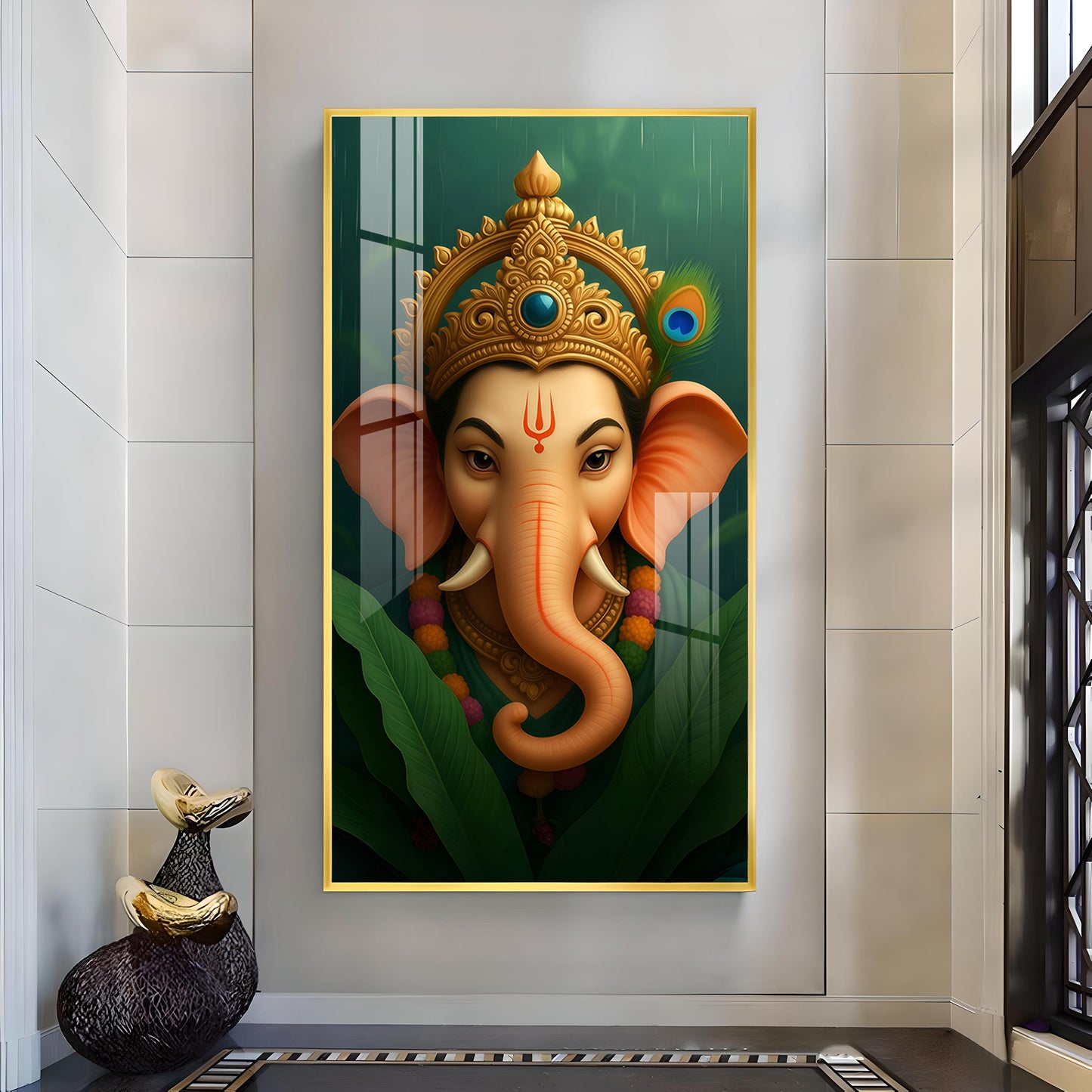 Vibrant Lord ganesha Artwork Glass Finish Vertical Wall Art