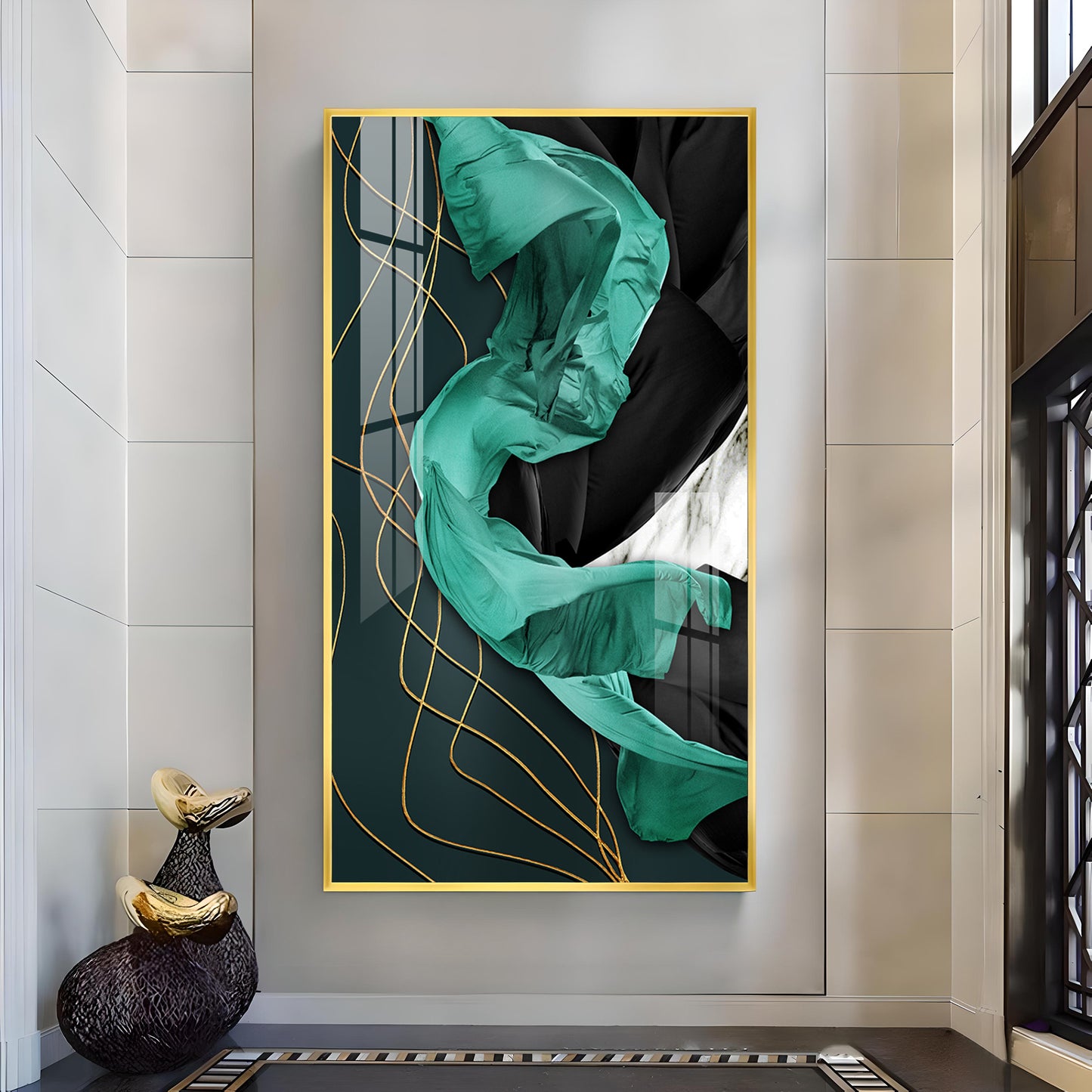 Emerald Elegance Glass Finish Vertical Wall Art