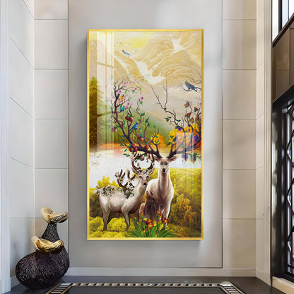 Portrait of Deer and Blossoms Glass Finish Vertical Wall Art