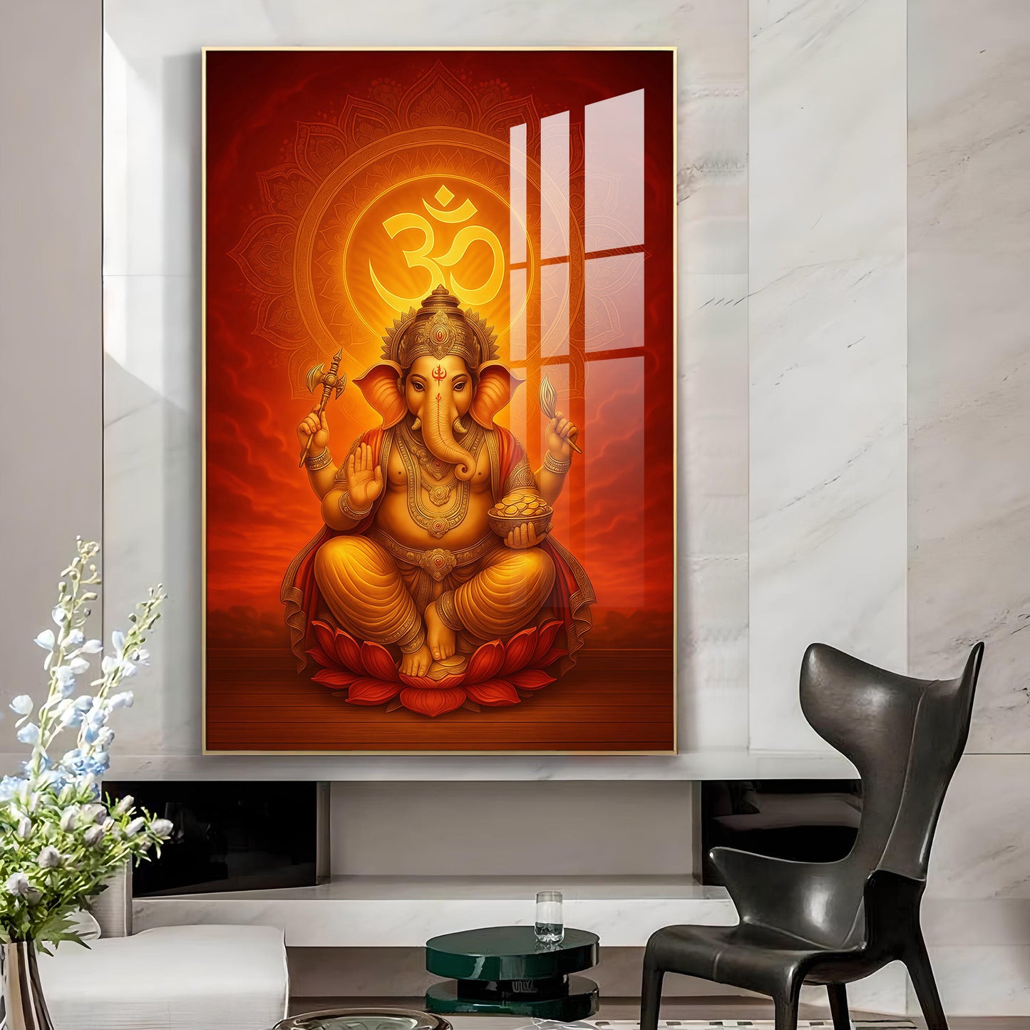Hindu Lord Ganesh Ji Glass Finish Vertical Wall Art