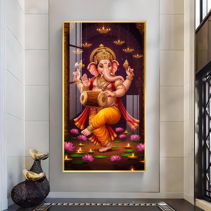Hindu God Ganesh Glass Finish Vertical Wall Art