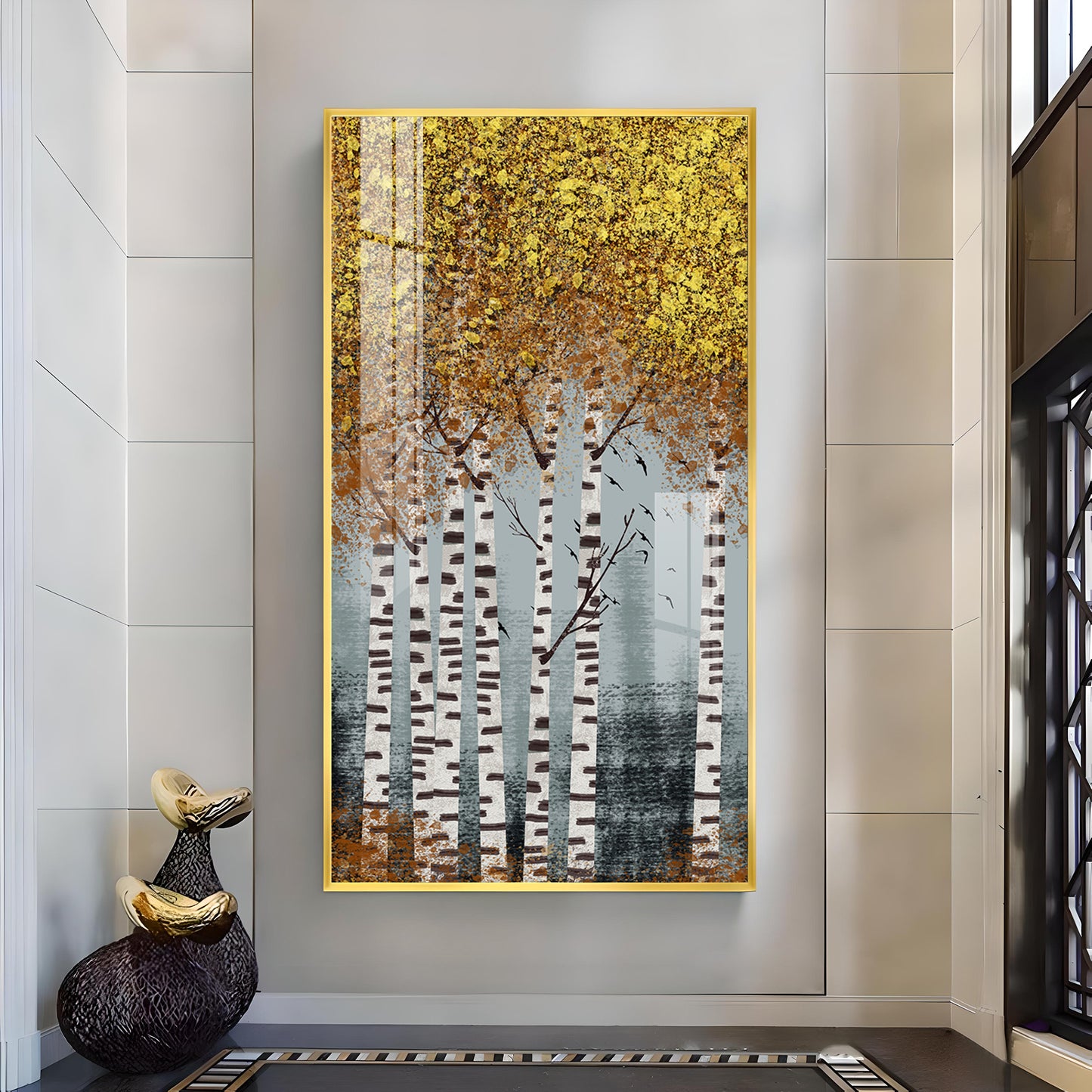 Autumnal Birch Reverie Glass Finish Vertical Wall Art