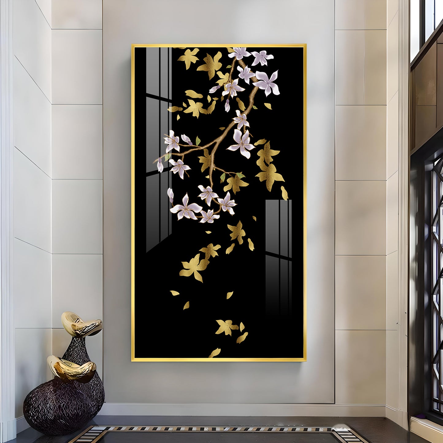 Ivory Bloom Glass Finish Vertical Wall Art