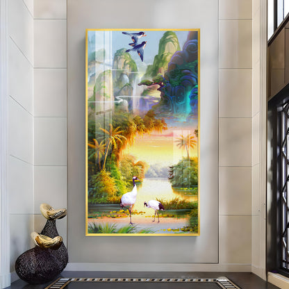 Birds in a Cascading Dream Glass Finish Vertical Wall Art