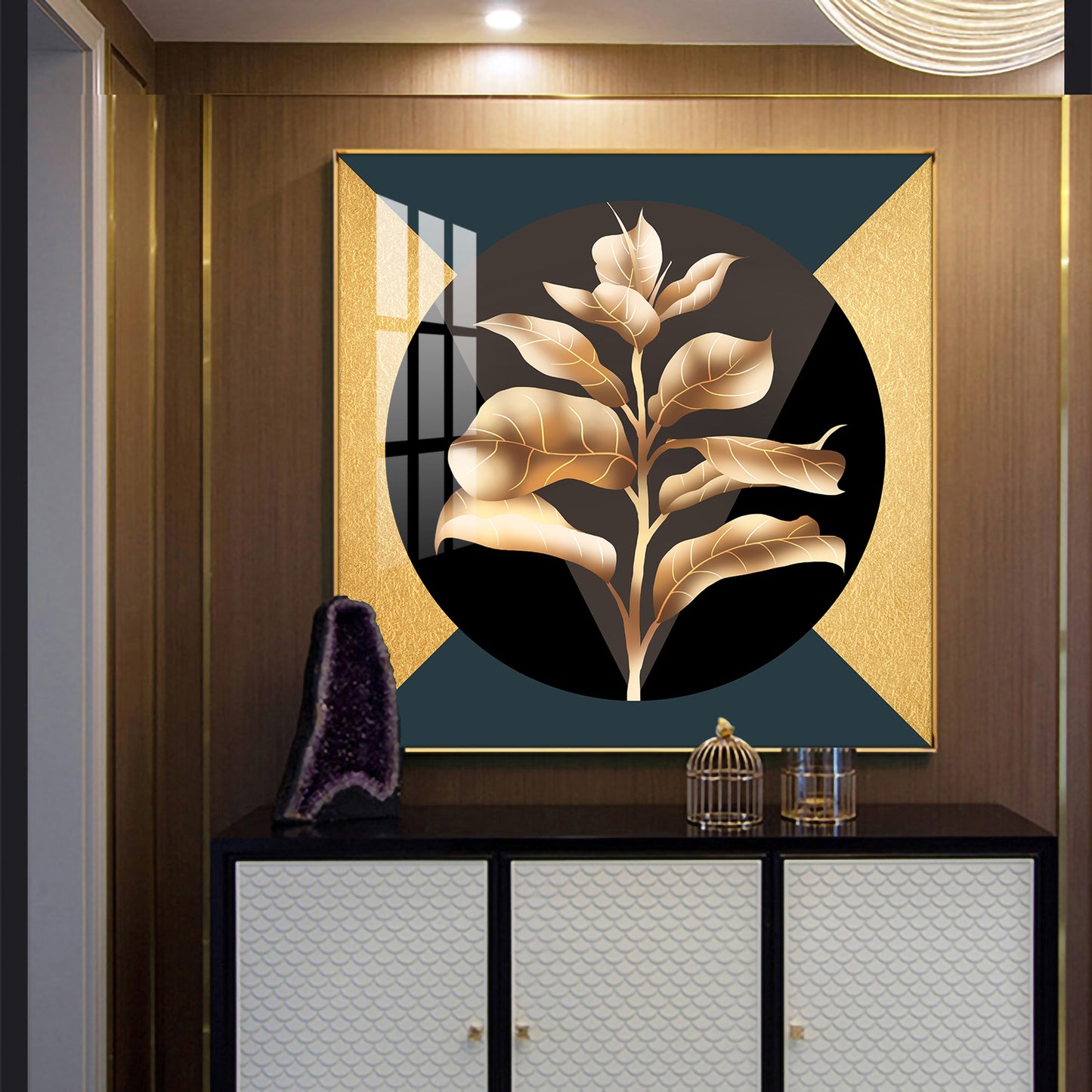 Golden Leaf Glass Finish Square Wall Art