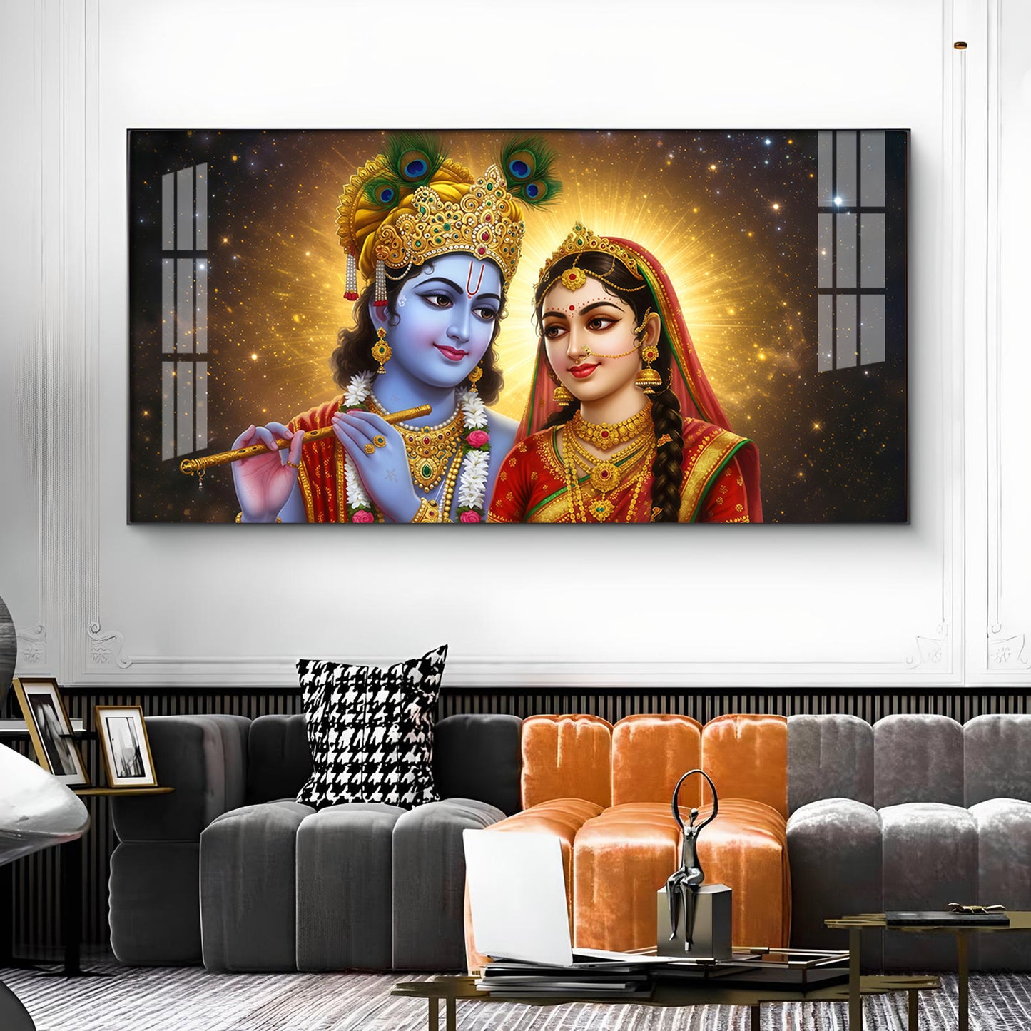 Sri Radhe Krishna Loving Charm Glass Finish Horizontal Wall Art