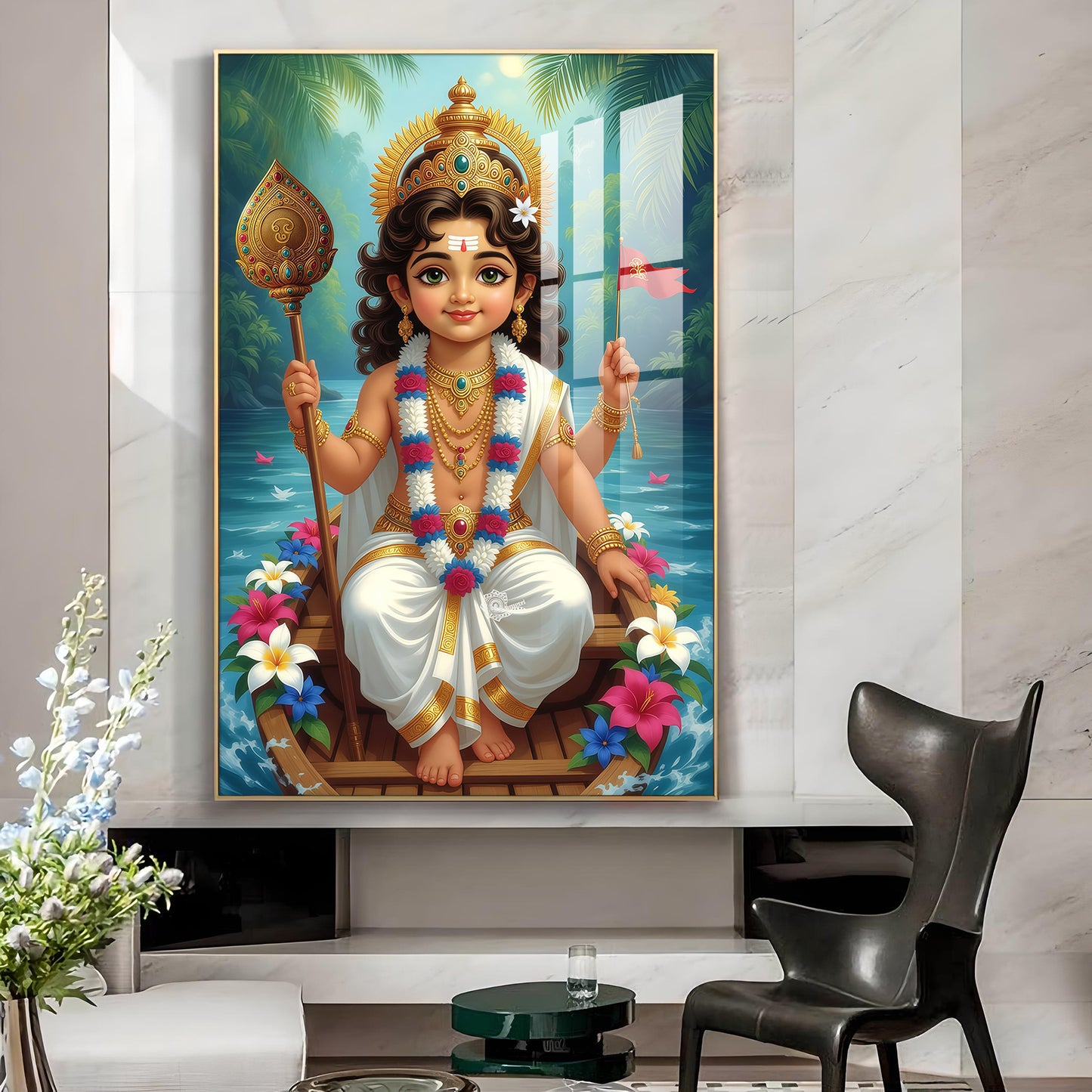 Hindu Lord Kartikeya Ji Glass Finish Vertical Wall Art