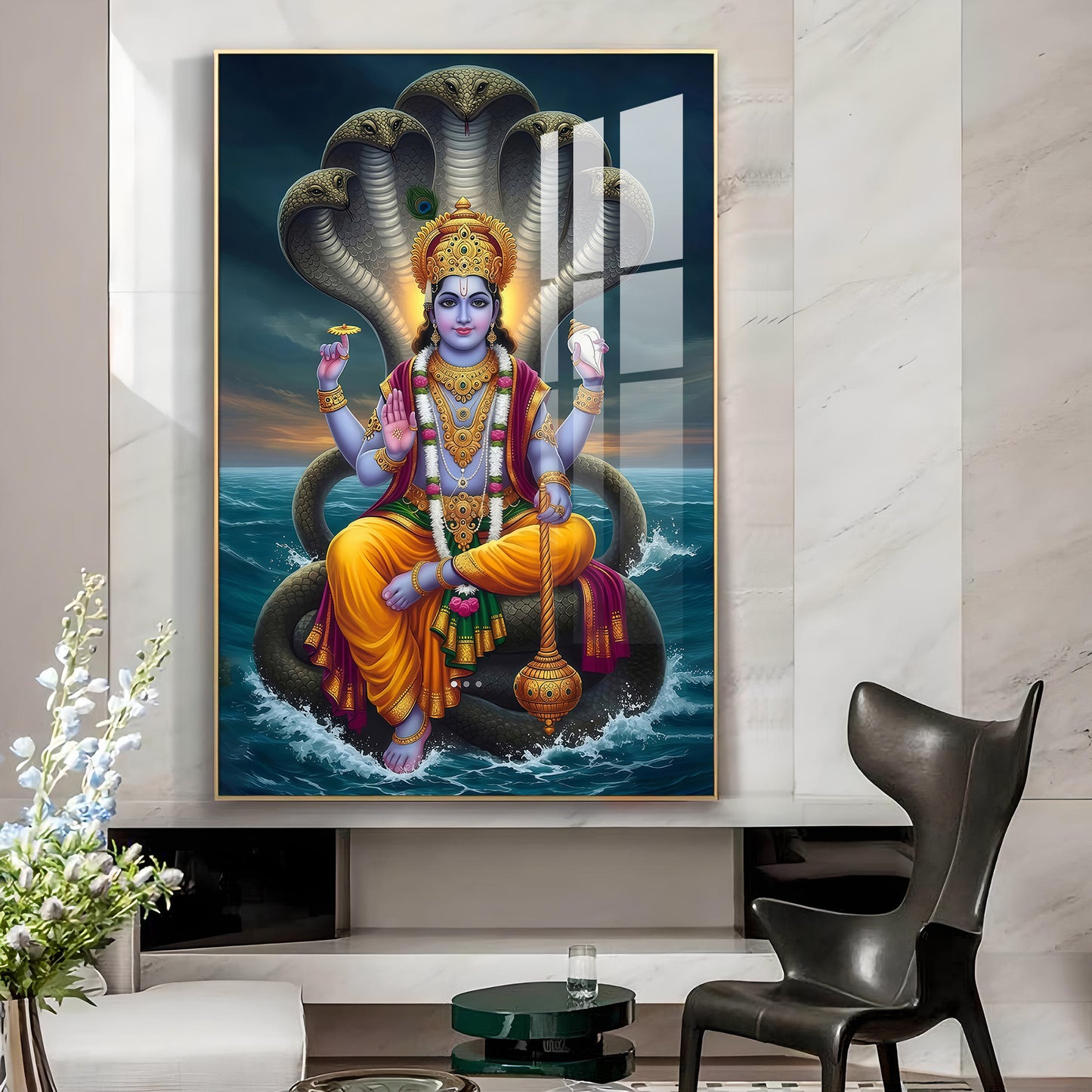Jay Vishnu Bhagwan Glass Finish Vertical Wall Art