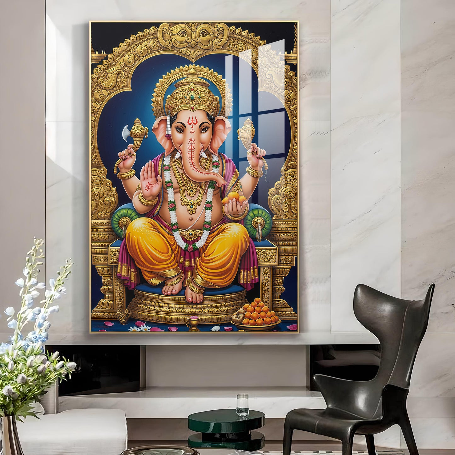 Divine Lord Ganesh Ji Glass Finish Vertical Wall Art