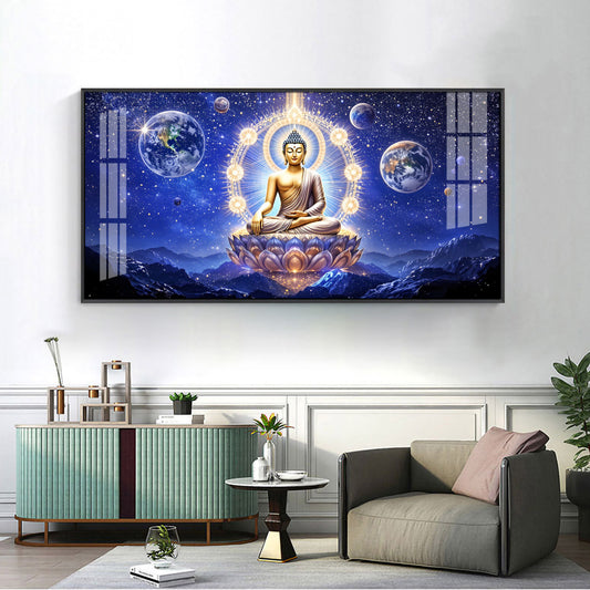 Illuminated Neon Buddha Glass Finish Horizontal Wall Art