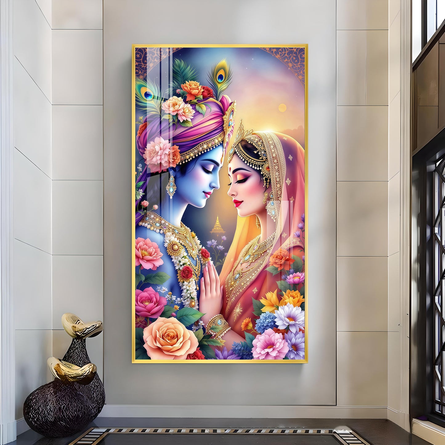 Divine Love Of Radha Krishna Glass Finish Vertical Wall Art