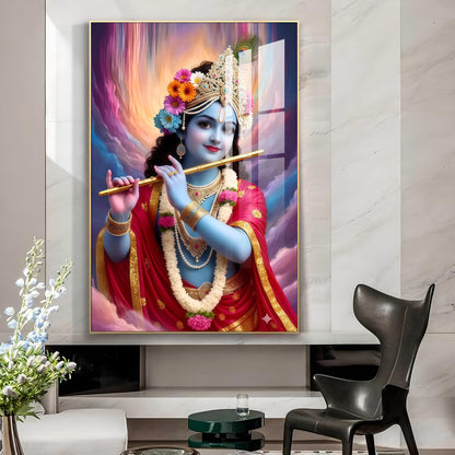 Colorful Krishna Ji Glass Finsih Vertical Wall Art