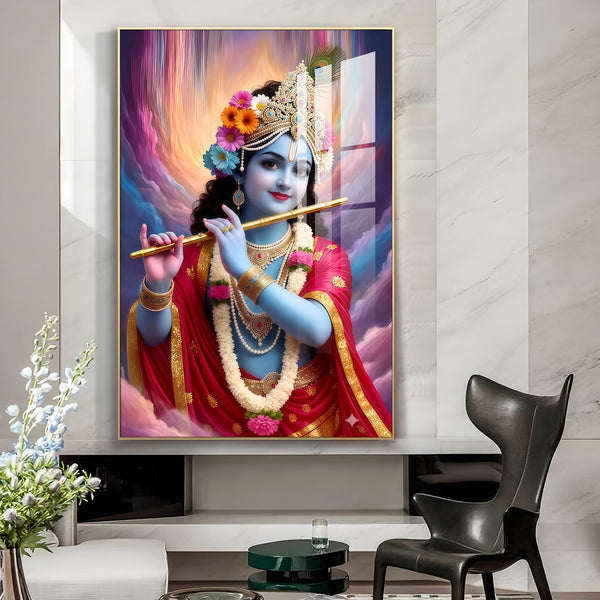 Colorful Krishna Ji Glass Finsih Vertical Wall Art