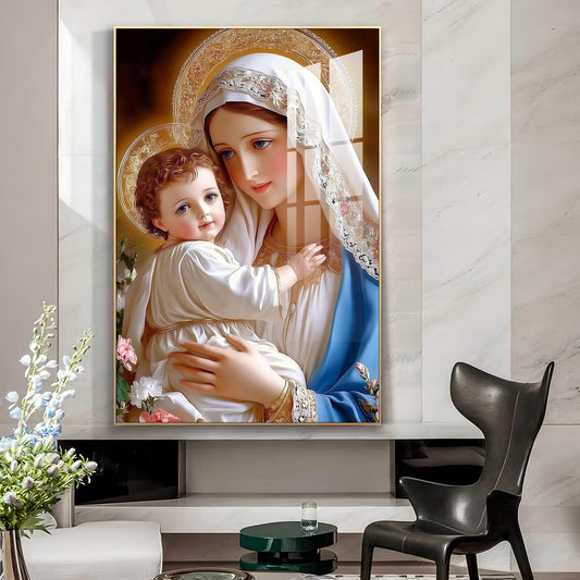 Mother Mary and Child wall art Glass Finish Vertical Wall Art