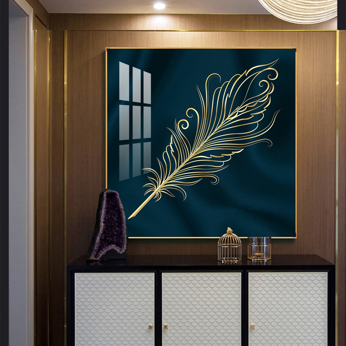 Feather on Azure Glass Finish Square Wall Art