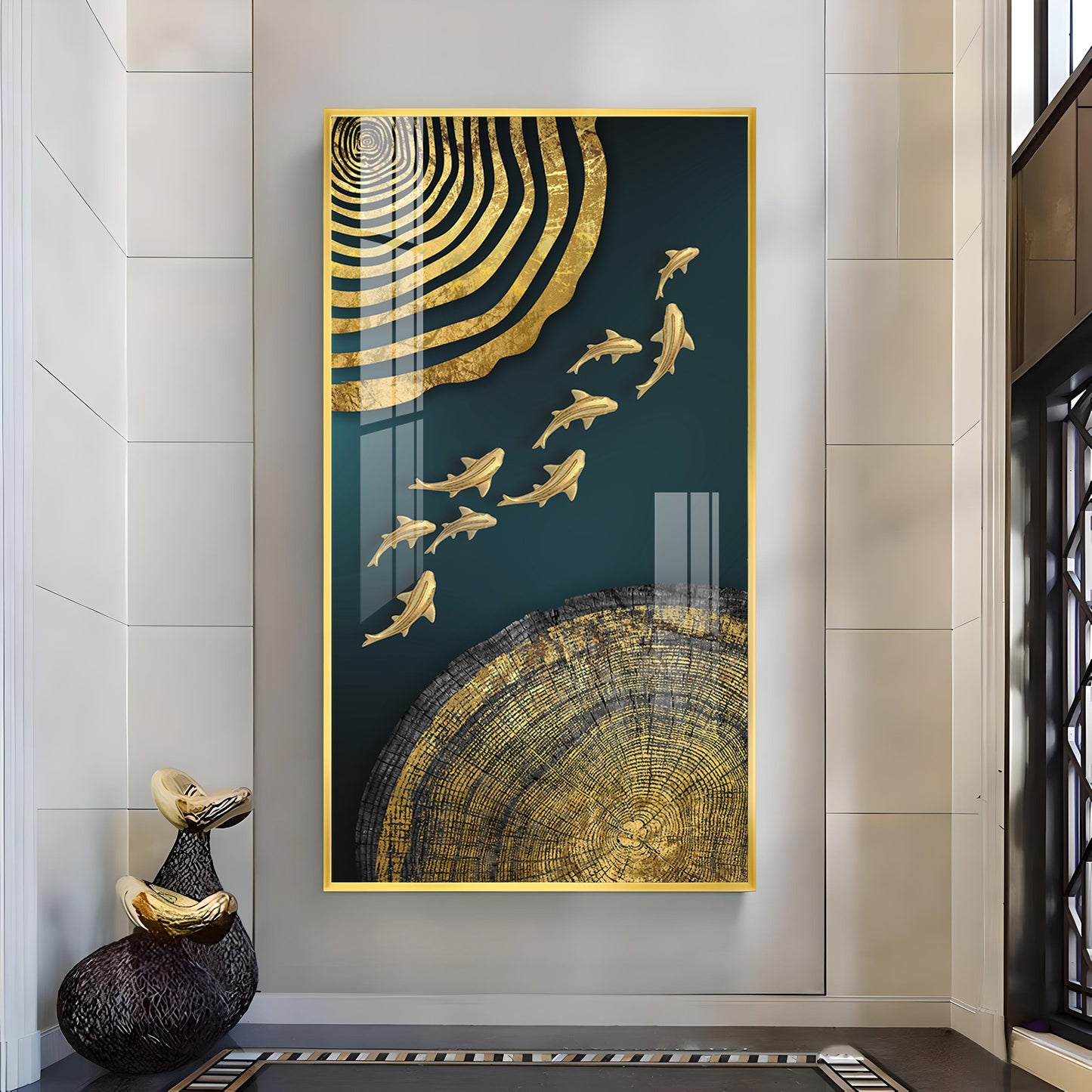 Luminous Fish Dance Glass Finish Vertical Wall Art