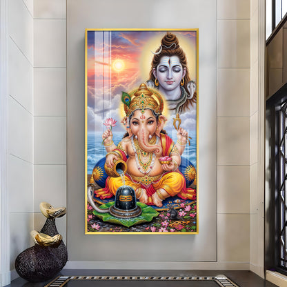 Lord Shiva and Ganesh Glass Finish Vertical Wall Art