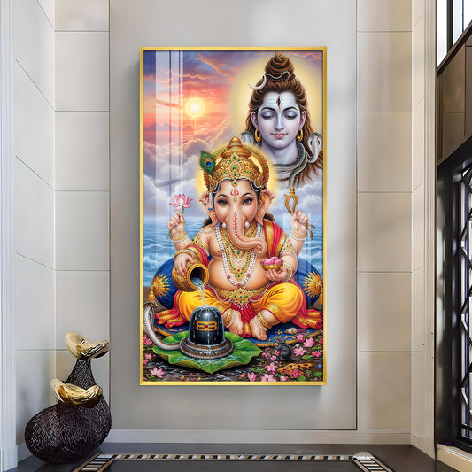 Lord Shiva and Ganesh Glass Finish Vertical Wall Art