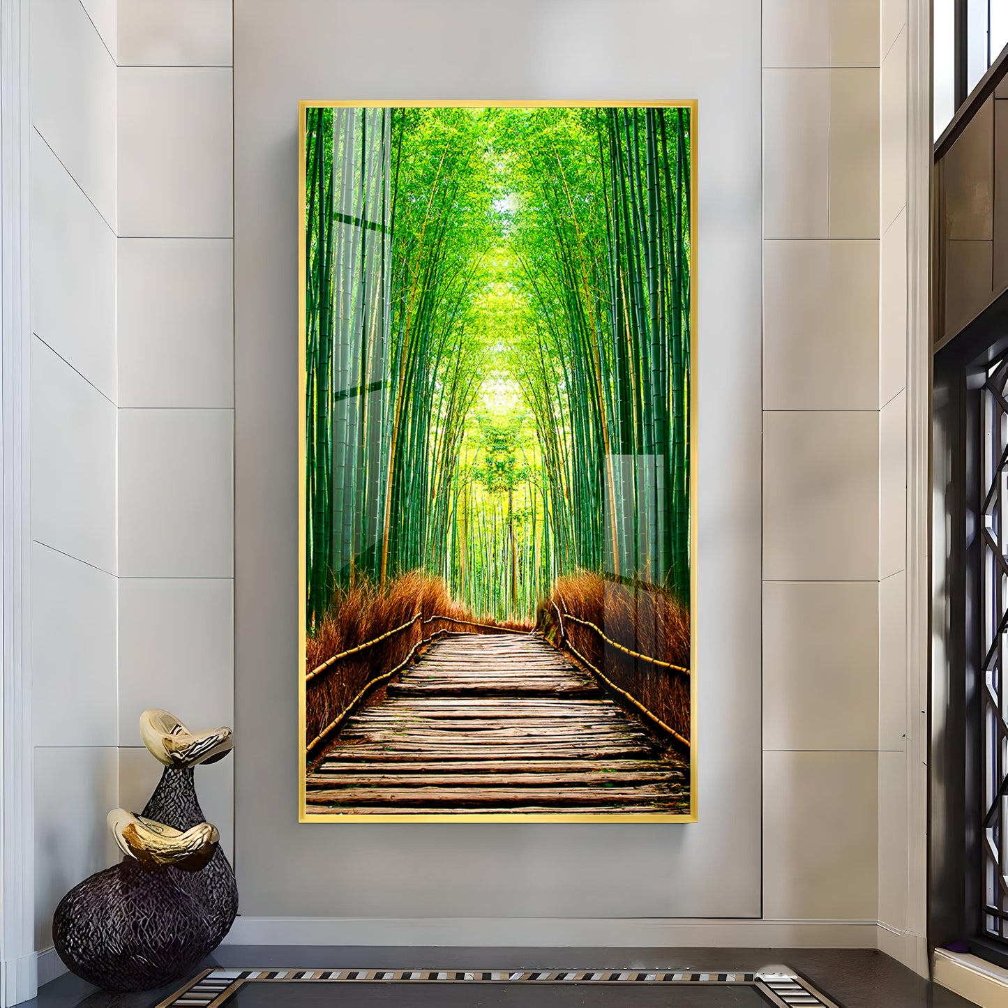 Harmony in Bamboo Trails Glass Finish Vertical Wall Art