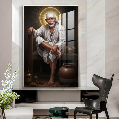 Sai Baba Glass Finish Vertical Wall Art