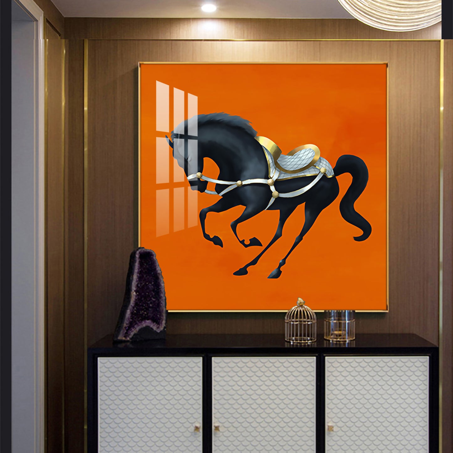 Jumping Horse In Orange Horizon Glass Finish Square Wall Art